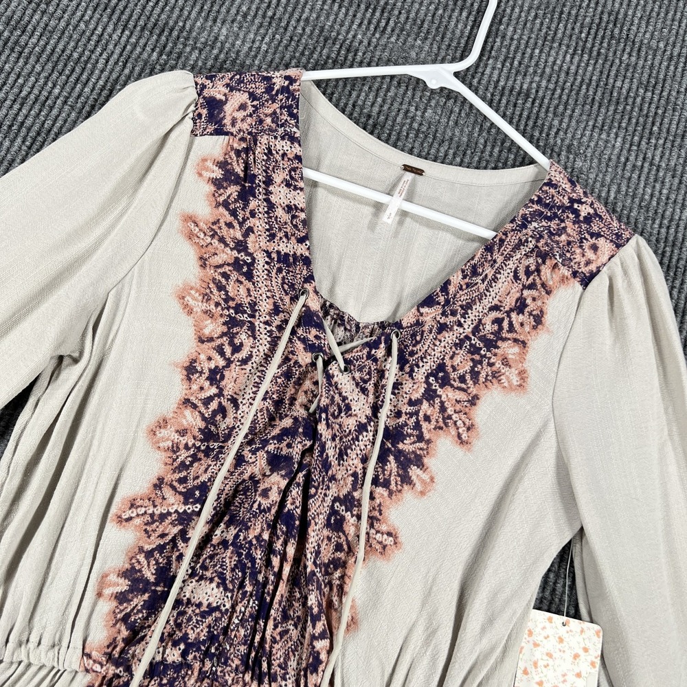 Free People Tunic Womens Small‎ Beige Tea Combo Boho Peasant Tassel Top NWT